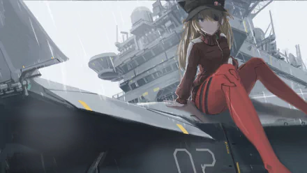 HD PC desktop wallpaper featuring Asuka Langley Sohryu from the anime Evangelion: 3.0 You Can (Not) Redo, with a futuristic aircraft carrier backdrop.