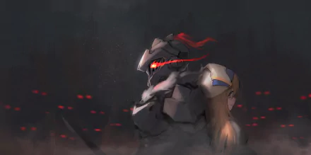 HD wallpaper featuring Priestess from Goblin Slayer, shown in a dramatic scene with the armored Goblin Slayer in a dark, fiery battlefield.