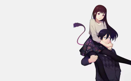 HD PC desktop wallpaper featuring Noragami anime characters Hiyori Iki and Yato, Hiyori perched on Yato's back against a wide minimalist white background.