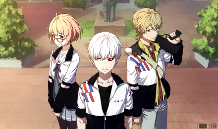 HD anime desktop wallpaper featuring Mahiro Fuwa and Mirai Kuriyama from Zetsuen no Tempest and Beyond the Boundary, alongside Ken Kaneki from Tokyo Ghoul series in a crossover scene.