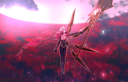 HD desktop wallpaper featuring Karna from Fate/Grand Order, set against a dramatic red and purple sky. The character is depicted in dynamic action with Lance. Anime and Fate/Grand Order themed background.