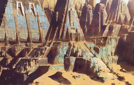 A vast fantasy ruin with towering, ancient stone structures bathed in warm sunlight, rendered in 4K Ultra HD for a highly detailed PC desktop wallpaper.