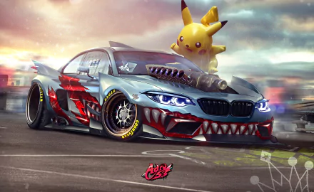 A dynamic 4K Ultra HD wallpaper featuring an artistic BMW M2 with aggressive shark-themed decals and Pikachu playfully perched on the hood.