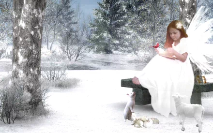 A serene winter landscape featuring an angelic girl in white, surrounded by snow and gentle animals, embodying peace and fantasy. An enchanting HD desktop wallpaper.