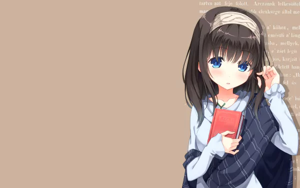 HD PC wallpaper of anime character Fumika Sagisawa (The iDOLM@STER Cinderella Girls), black hair and blue eyes, wearing a scarf and holding a red book on a beige background.