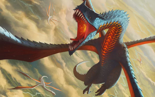 2K Quad HD PC desktop wallpaper: a blue-scaled wyvern dragon dives through stormy clouds, jaws agape and wings spread, smaller wyverns trailing in the distance.