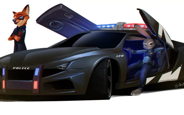 Nick Wilde Judy Hopps police car movie Zootopia HD Desktop Wallpaper | Background Image