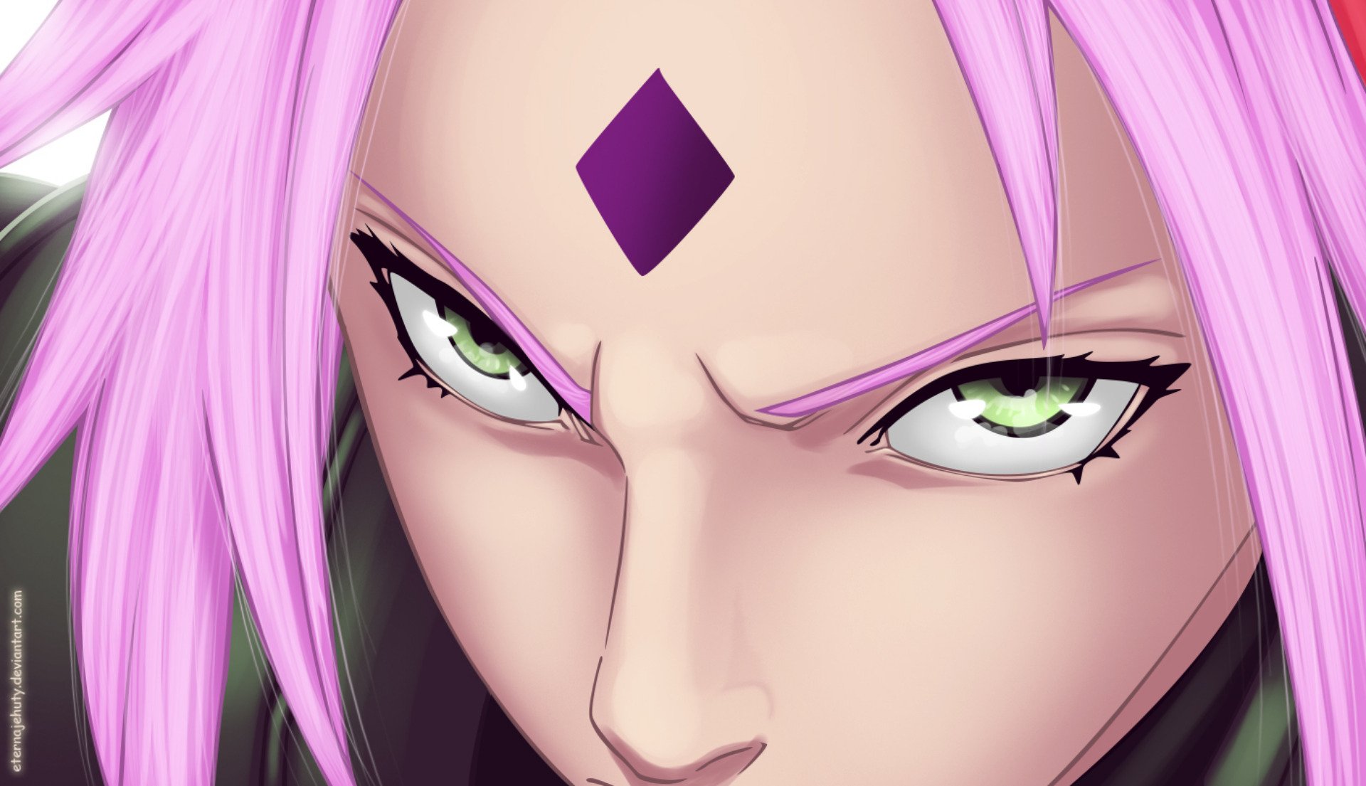 Close-up HD anime wallpaper of Sakura Haruno from Naruto, showcasing her intense green eyes and the distinctive purple diamond mark on her forehead.