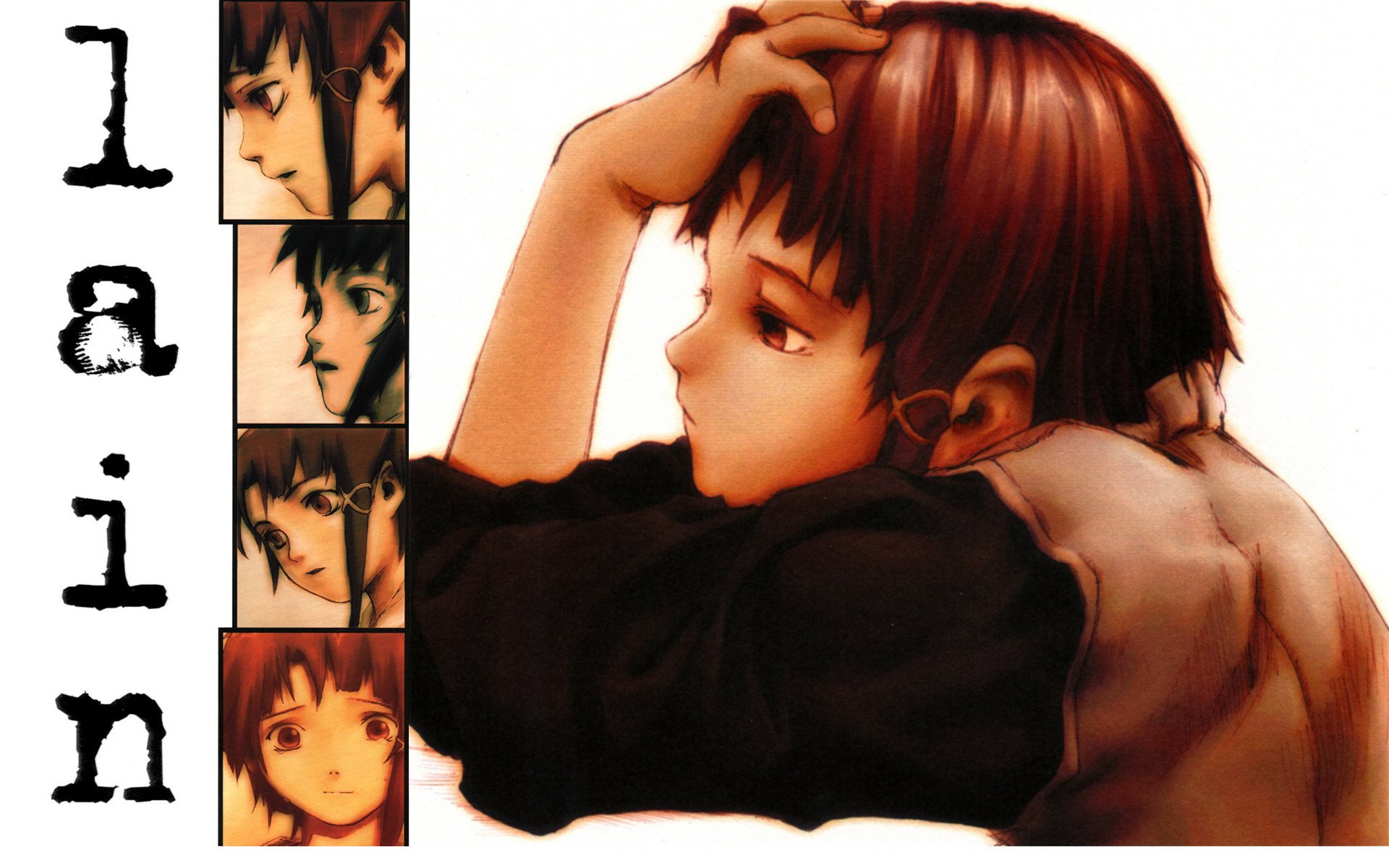 HD PC desktop wallpaper featuring Lain Iwakura from the anime Serial Experiments Lain, showcasing close-up profile images and a contemplative pose.