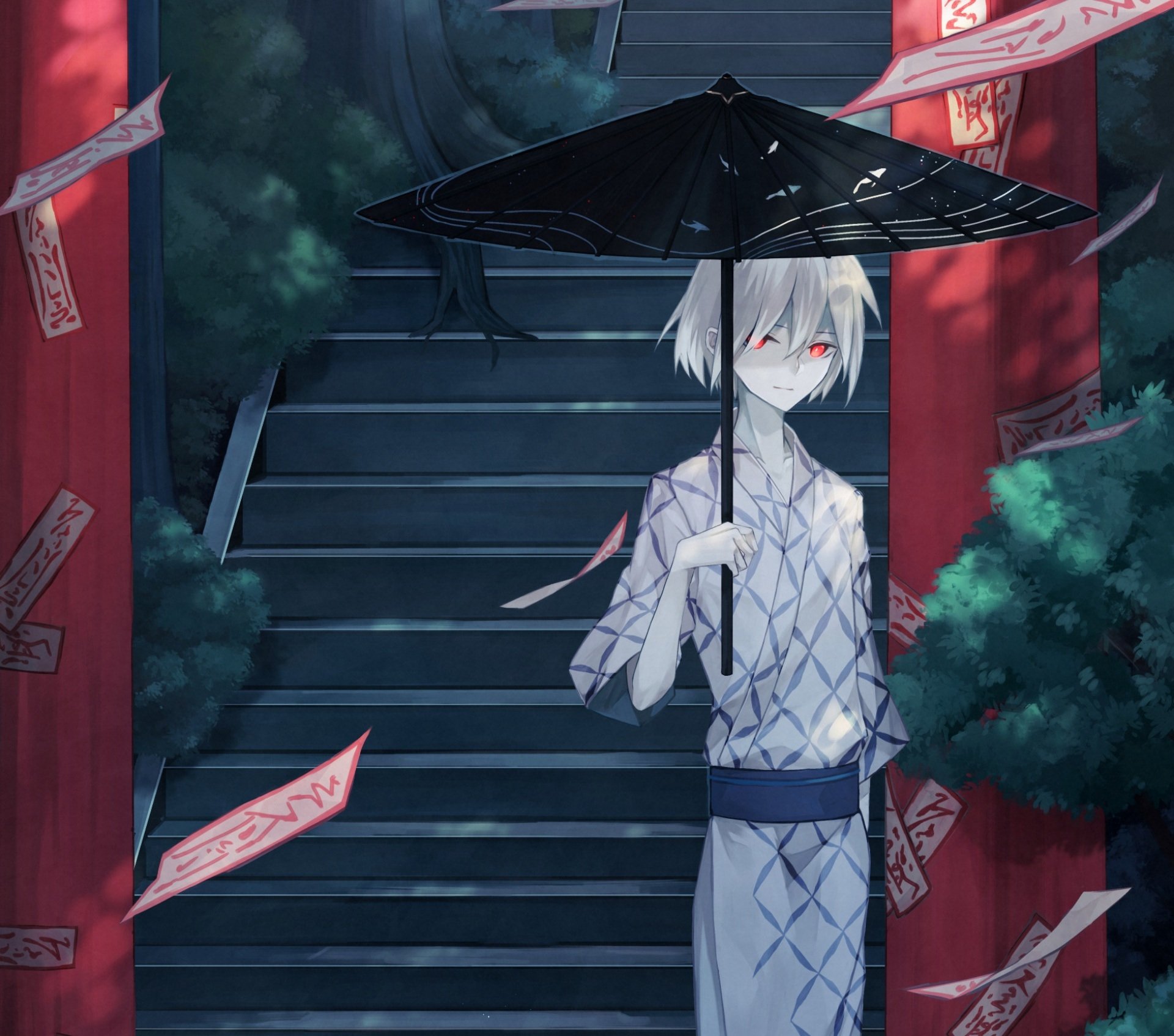 Download Red Eyes White Hair Kimono Shrine Anime Original HD Wallpaper by 染赤