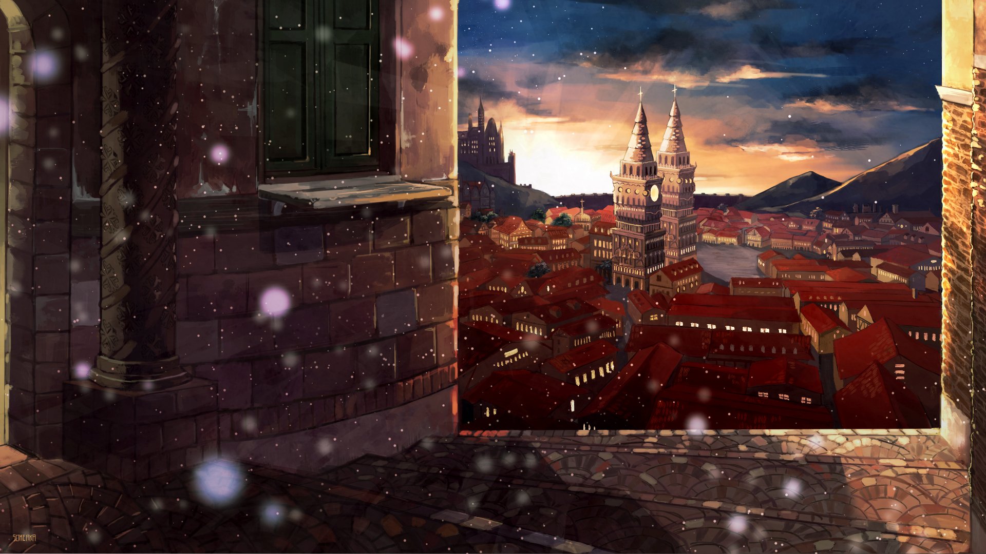Snowfall Over Anime Spires — Winter City HD Wallpaper by 染赤