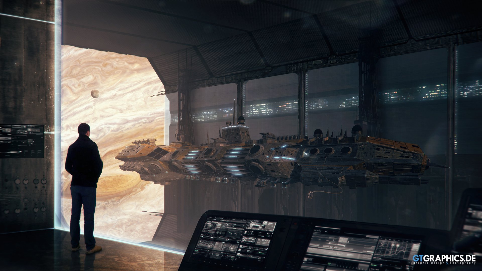 HD sci-fi PC desktop wallpaper featuring a futuristic space station with a person observing a giant planet through a large window.