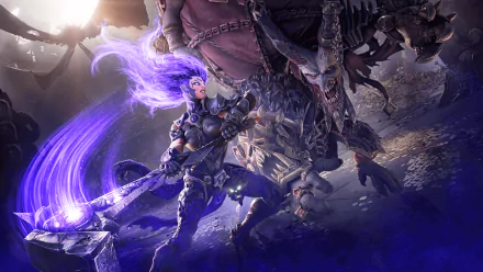 HD PC desktop wallpaper featuring Fury battling Avarice from Darksiders III, showcasing intense action and dark fantasy elements from the video game.