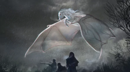 4K Ultra HD PC desktop wallpaper and background: a fantasy horse-like creature with bat-like wings soars through pouring rain above silhouetted figures in a dark, stormy landscape.