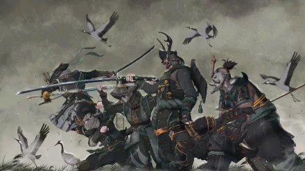 HD fantasy warrior wallpaper featuring an intense oriental samurai battle with katana swords, set against a stormy sky with flying birds.
