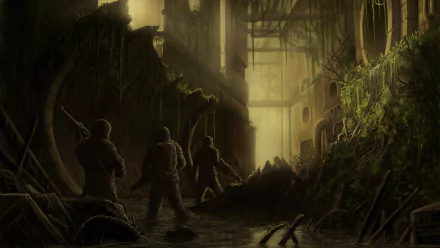 3 warriors traverse a flooded, overgrown post-apocalyptic sci-fi ruin as shafts of light cut through debris — 4K Ultra HD PC desktop wallpaper/background.