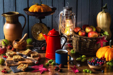 5K Ultra HD PC desktop wallpaper background — autumn still life photography: pumpkins, apples in a basket, berries, coffee pot and mug, spoon and knife, lantern, fruit and pastries.
