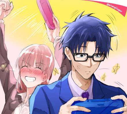 5K Ultra HD PC wallpaper: anime scene of Narumi Momose laughing exuberantly behind stoic, bespectacled Hirotaka Nifuji from Wotaku ni Koi wa Muzukashii.