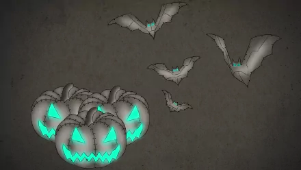 4K Ultra HD Halloween desktop wallpaper featuring glowing turquoise jack-o'-lanterns and flying bats against a dark textured background.