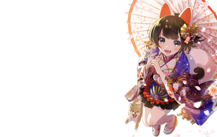 Anime-style original HD PC desktop wallpaper featuring a cheerful girl in traditional attire holding a parasol with playful dogs around her.