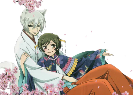 HD anime desktop wallpaper featuring Tomoe from Kamisama Kiss (Kamisama Hajimemashita) in traditional attire, surrounded by cherry blossoms.