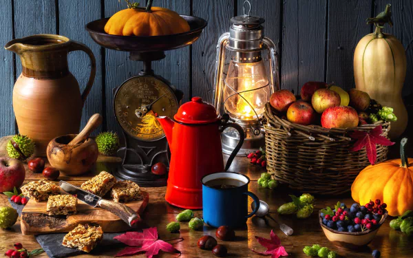 5K Ultra HD PC desktop wallpaper background — autumn still life photography: pumpkins, apples in a basket, berries, coffee pot and mug, spoon and knife, lantern, fruit and pastries.