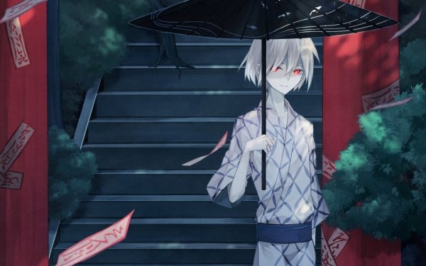 Anime Original Shrine Kimono White Hair Red Eyes HD Wallpaper | Background Image