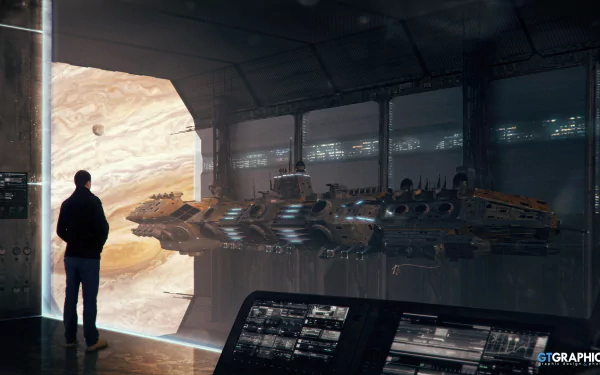 HD sci-fi PC desktop wallpaper featuring a futuristic space station with a person observing a giant planet through a large window.