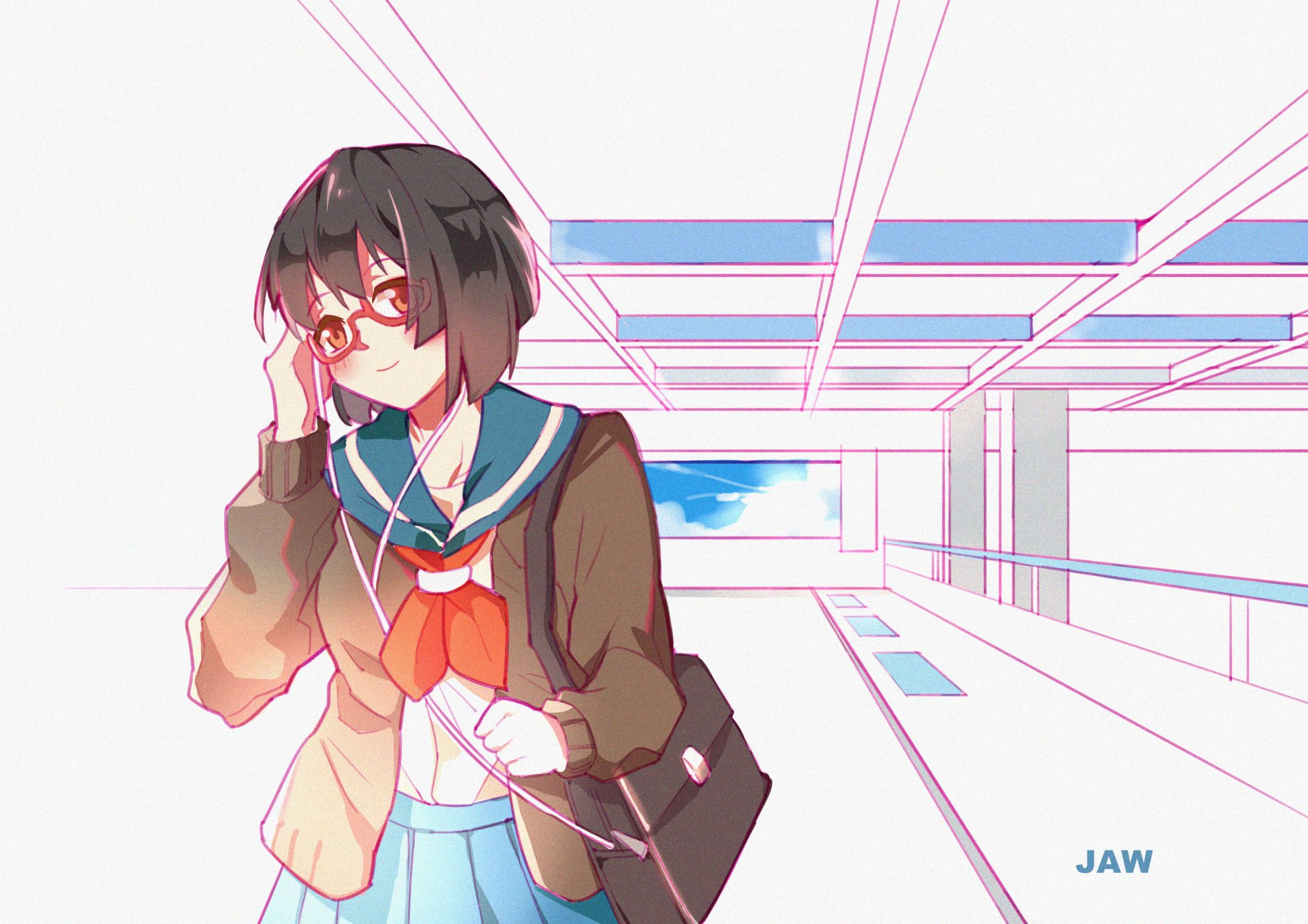 Download Glasses Headphones School Uniform Schoolgirl Anime Original HD Wallpaper by jaw