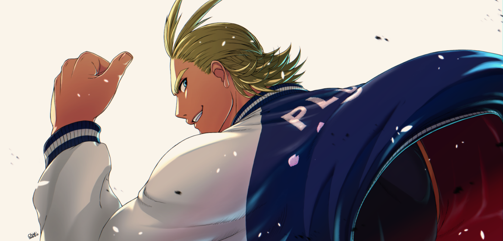 HD desktop wallpaper of Toshinori Yagi (All Might) from My Hero Academia, featuring him in dynamic motion with a determined expression and wearing a blue and white jacket.
