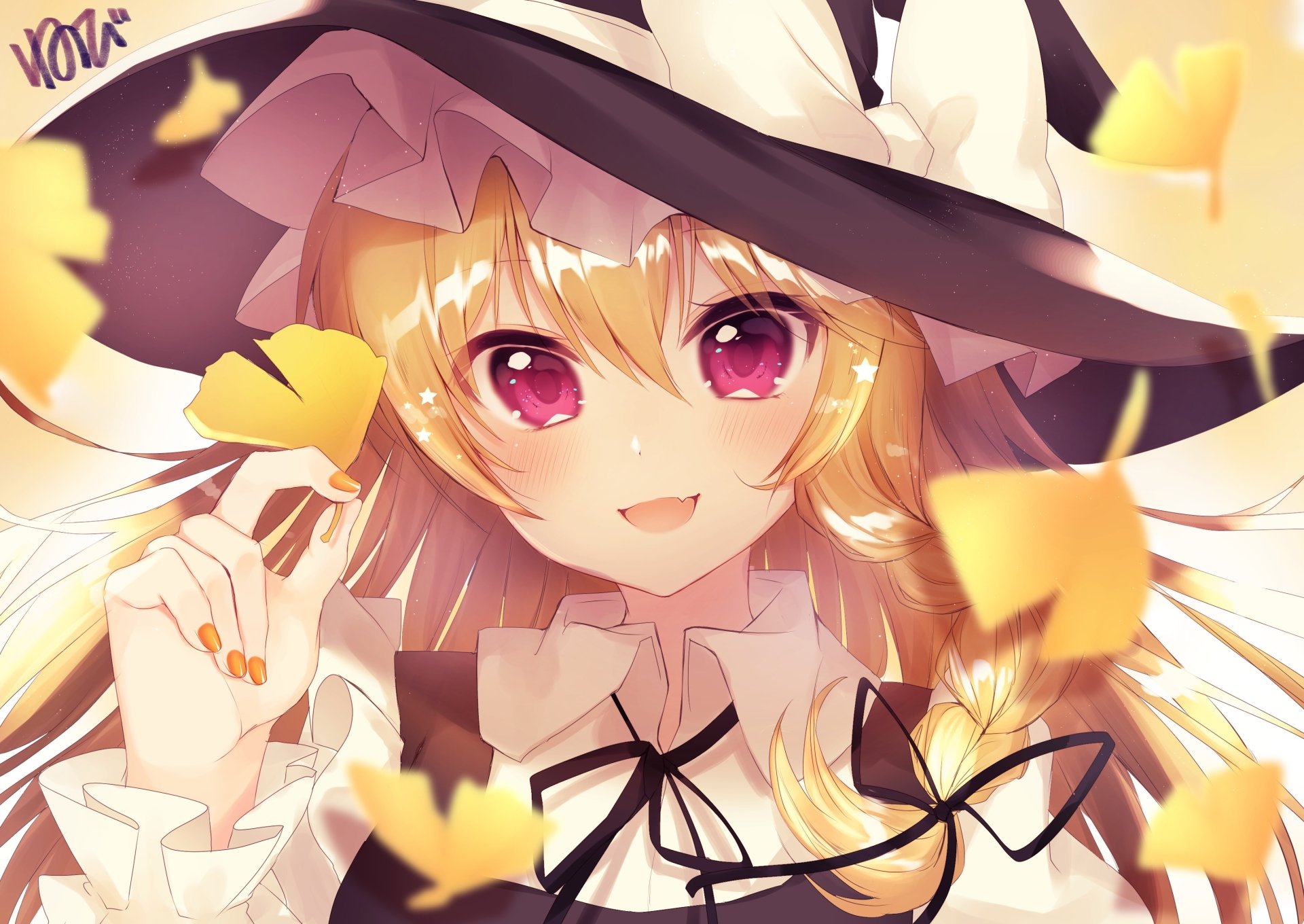 Marisa Kirisame (Touhou) anime portrait: golden hair, witch hat, pink eyes, smiling amid floating ginkgo leaves — vibrant 2K Quad HD PC desktop wallpaper background.