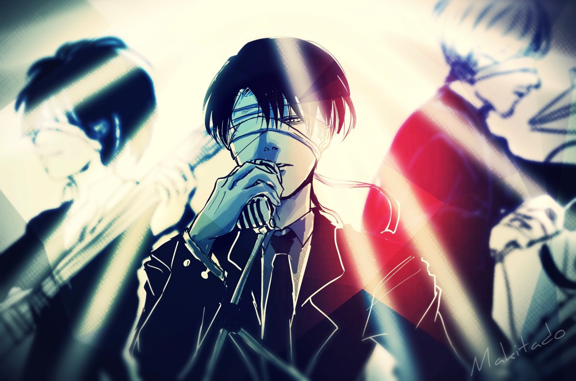 HD desktop wallpaper featuring Levi Ackerman from the anime Attack on Titan, showcasing a dramatic and intense black-and-white composition with light effects.