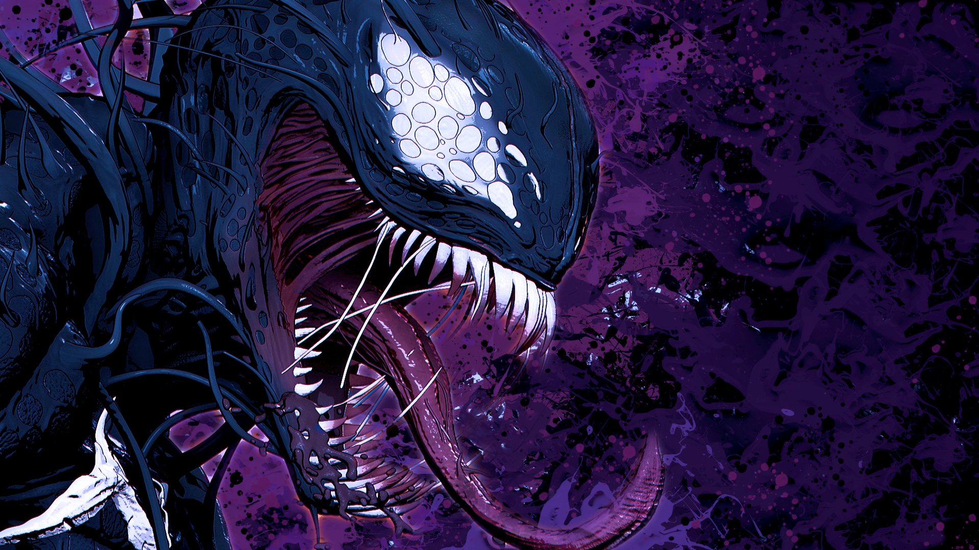 HD PC desktop wallpaper of Venom from a comic, showcasing his menacing open mouth and sharp teeth against a dark, textured purple background.