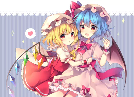HD anime desktop wallpaper featuring Remilia Scarlet and Flandre Scarlet from Touhou, depicted in vibrant colors with a cute and affectionate pose.
