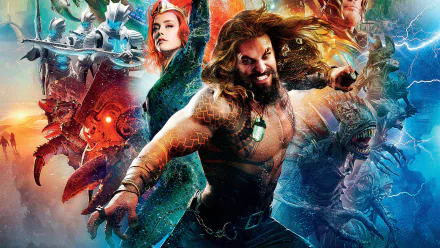 4K Ultra HD Aquaman movie wallpaper featuring Jason Momoa as Aquaman and Amber Heard as Mera in a vibrant underwater battle scene.