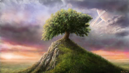 Artistic HD desktop wallpaper featuring a solitary tree atop a grassy hill with a dramatic sky and distant planets, blending nature and fantasy elements.