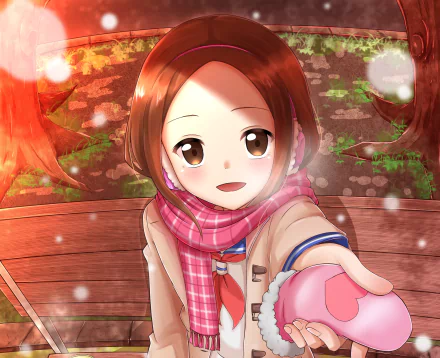 HD anime wallpaper of Takagi from Karakai Jouzu no Takagi-san, smiling warmly while wearing a pink scarf in an autumn park setting, from Teasing Master Takagi-san.