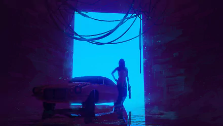 A cyberpunk scene in HD quality showing a silhouetted figure holding a weapon next to a futuristic car, framed by glowing cables and a bright blue background.