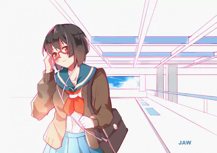 glasses headphones school uniform schoolgirl Anime Original HD Desktop Wallpaper | Background Image