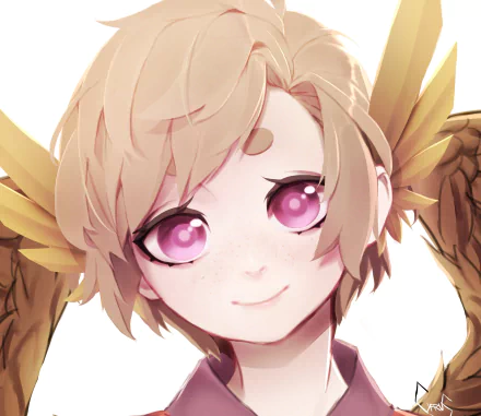 Anime-style original character with brown hair, pink eyes, and golden wings, smiling softly in a high-definition PC desktop wallpaper.