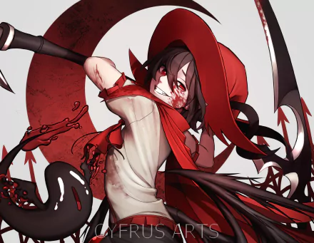 Anime-style original character with red eyes, brown hair, and a wide smile, wearing a large red hat and wielding a scythe. Rendered in 4K Ultra HD for PC desktop wallpaper.