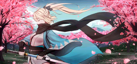 Anime HD wallpaper featuring Okita Souji from Fate/Grand Order, with a ponytail and wielding a katana, set against a background of pink cherry blossoms and a clear sky.