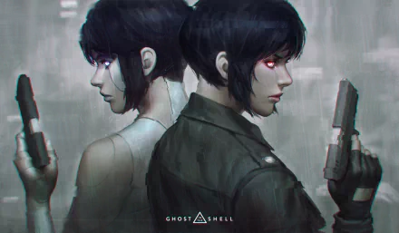 HD PC desktop wallpaper featuring two characters from the anime Ghost in the Shell, standing back-to-back with intense expressions and futuristic pistols.