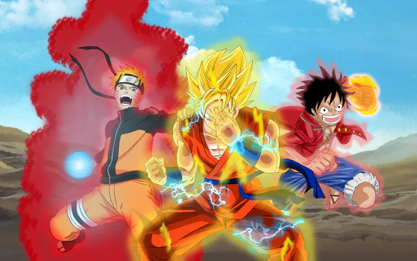 8K Ultra HD Jump Force wallpaper featuring Super Saiyan 2 Goku, Naruto Uzumaki with Rasengan, and Monkey D. Luffy in an epic video game battle scene.