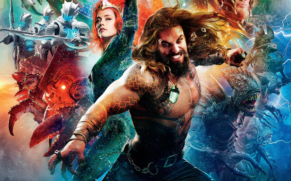 4K Ultra HD Aquaman movie wallpaper featuring Jason Momoa as Aquaman and Amber Heard as Mera in a vibrant underwater battle scene.