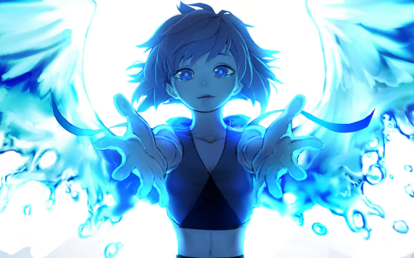 A 4K Ultra HD PC desktop wallpaper featuring a blue-haired, blue-eyed winged character from the TV show Steven Universe, glowing with ethereal light.