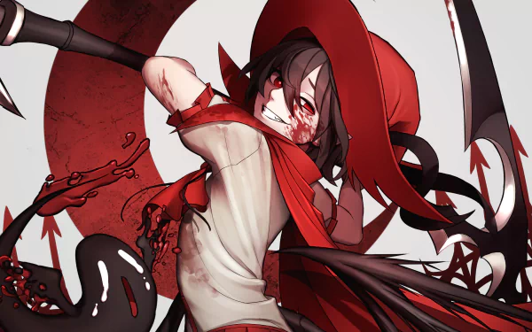 Anime-style original character with red eyes, brown hair, and a wide smile, wearing a large red hat and wielding a scythe. Rendered in 4K Ultra HD for PC desktop wallpaper.