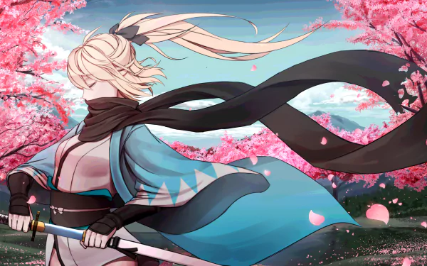 Anime HD wallpaper featuring Okita Souji from Fate/Grand Order, with a ponytail and wielding a katana, set against a background of pink cherry blossoms and a clear sky.