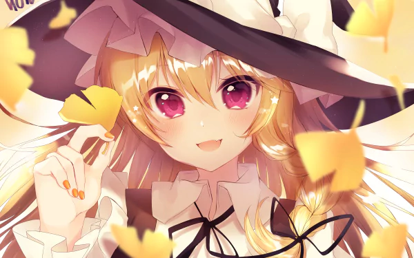 Marisa Kirisame (Touhou) anime portrait: golden hair, witch hat, pink eyes, smiling amid floating ginkgo leaves — vibrant 2K Quad HD PC desktop wallpaper background.
