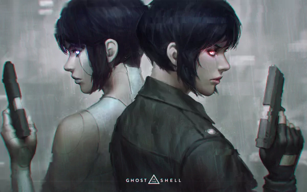 HD PC desktop wallpaper featuring two characters from the anime Ghost in the Shell, standing back-to-back with intense expressions and futuristic pistols.